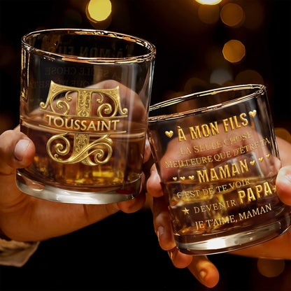 À Mon Fils Monogram With 3D Golden Initial And French Text - Personalized Custom Whiskey Glass - SON224_RWG
