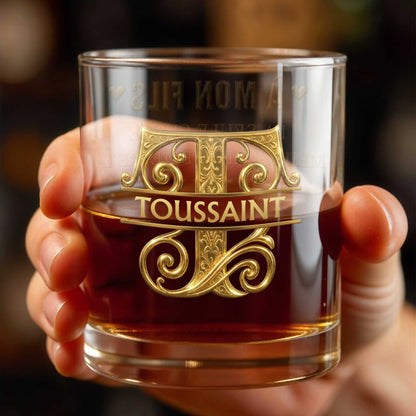 À Mon Fils Monogram With 3D Golden Initial And French Text - Personalized Custom Whiskey Glass - SON224_RWG