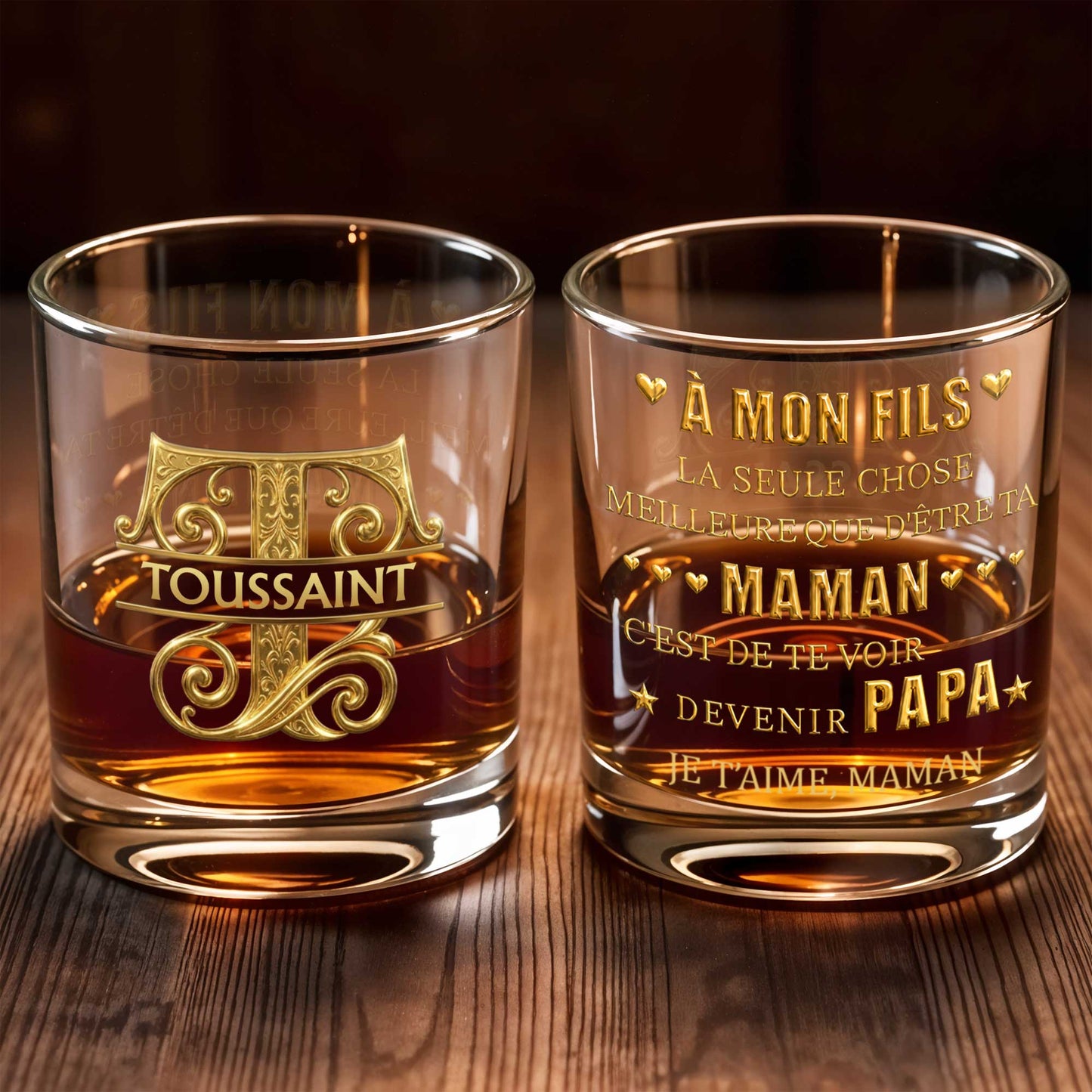 À Mon Fils Monogram With 3D Golden Initial And French Text - Personalized Custom Whiskey Glass - SON224_RWG