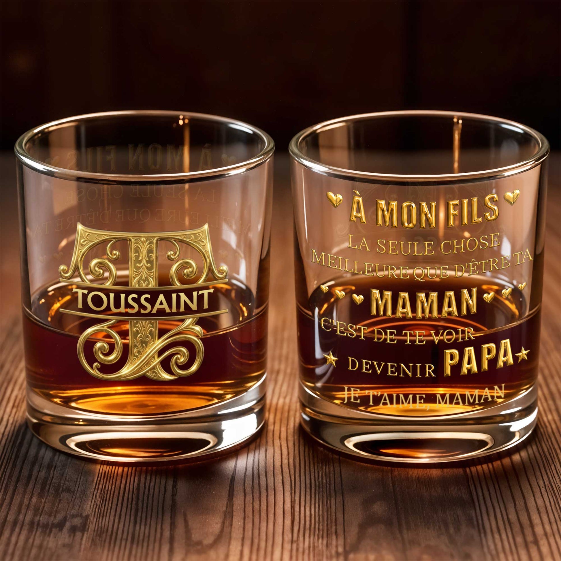 À Mon Fils Monogram With 3D Golden Initial And French Text - Personalized Custom Whiskey Glass - SON224_RWG