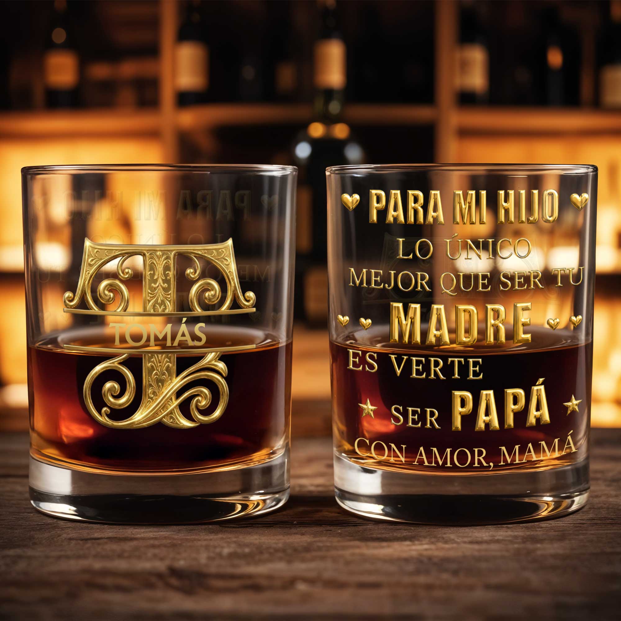 Para Mi Hijo Monogram Initial With 3D Golden Custom Name - Personalized Custom Whiskey Glass - SON225_RWG