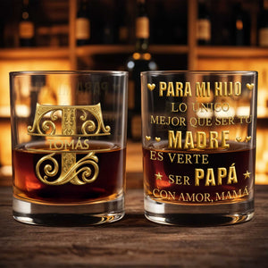 Para Mi Hijo Monogram Initial With 3D Golden Custom Name - Personalized Custom Whiskey Glass - SON225_RWG