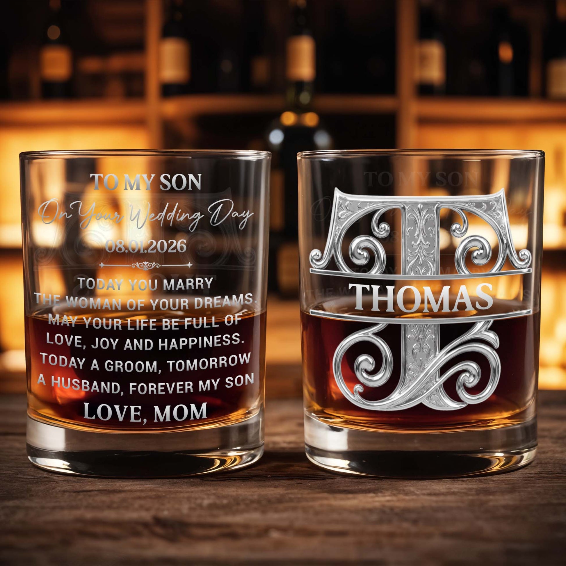 To My Son On Your Wedding Day Engraved Scrollwork Whiskey Glass - Personalized Custom Whiskey Glass - SON231_RWG