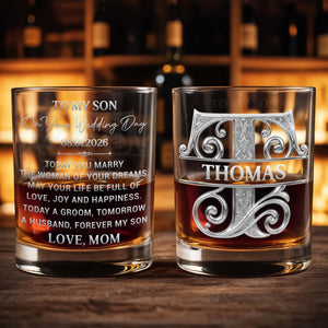 To My Son On Your Wedding Day Engraved Scrollwork Whiskey Glass - Personalized Custom Whiskey Glass - SON231_RWG