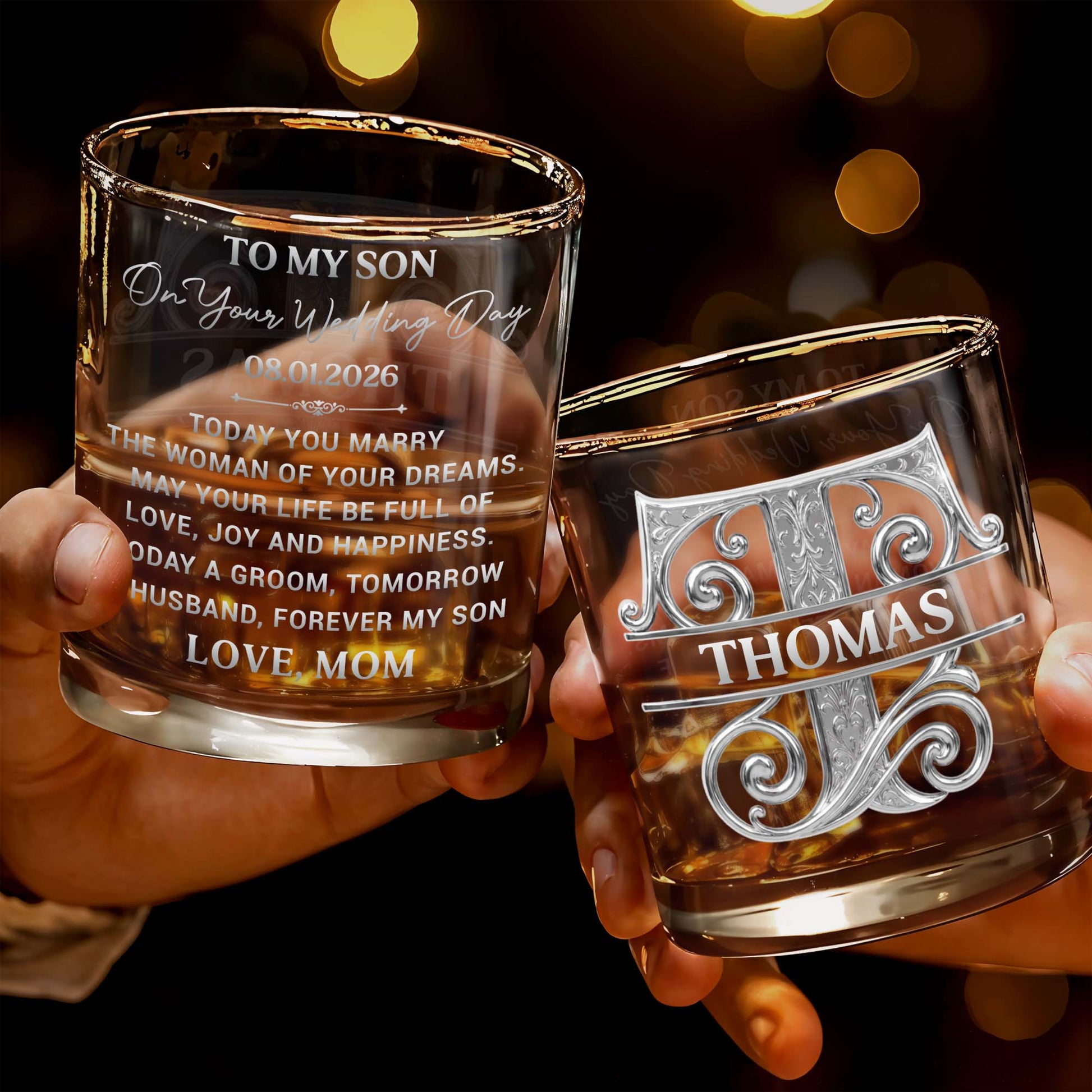 To My Son On Your Wedding Day Engraved Scrollwork Whiskey Glass - Personalized Custom Whiskey Glass - SON231_RWG
