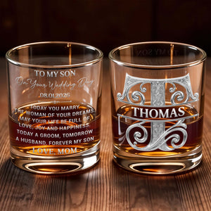 To My Son On Your Wedding Day Engraved Scrollwork Whiskey Glass - Personalized Custom Whiskey Glass - SON231_RWG