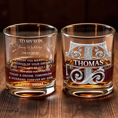 To My Son On Your Wedding Day Engraved Scrollwork Whiskey Glass - Personalized Custom Whiskey Glass - SON231_RWG