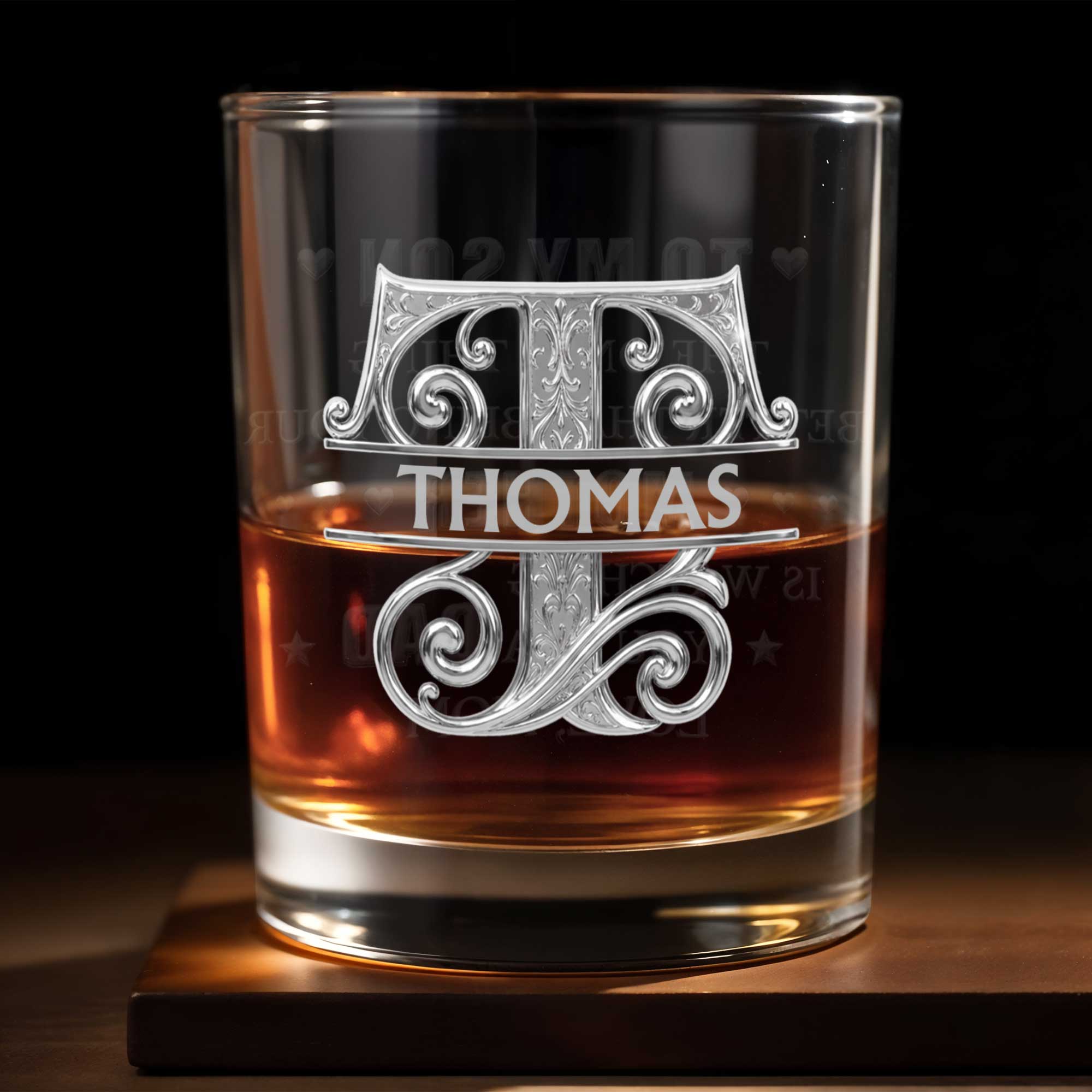 Sophisticated Monogram Spirit Design With Custom Initial And Filigree Details - Personalized Custom Whiskey Glass - SON232_RWG