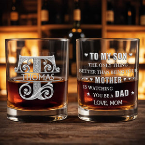 Sophisticated Monogram Spirit Design With Custom Initial And Filigree Details - Personalized Custom Whiskey Glass - SON232_RWG