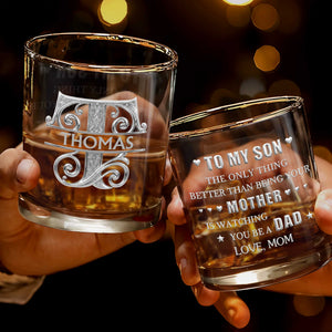 Sophisticated Monogram Spirit Design With Custom Initial And Filigree Details - Personalized Custom Whiskey Glass - SON232_RWG