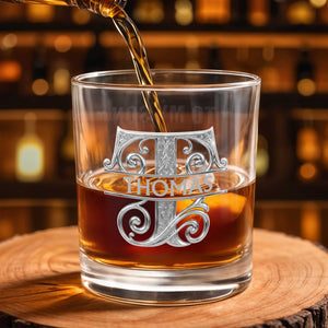 Sophisticated Monogram Spirit Design With Custom Initial And Filigree Details - Personalized Custom Whiskey Glass - SON232_RWG