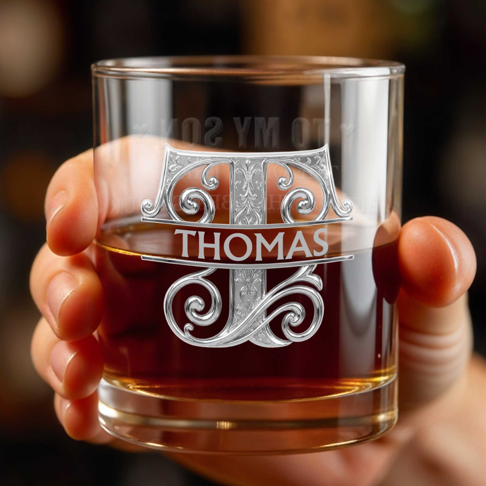Sophisticated Monogram Spirit Design With Custom Initial And Filigree Details - Personalized Custom Whiskey Glass - SON232_RWG