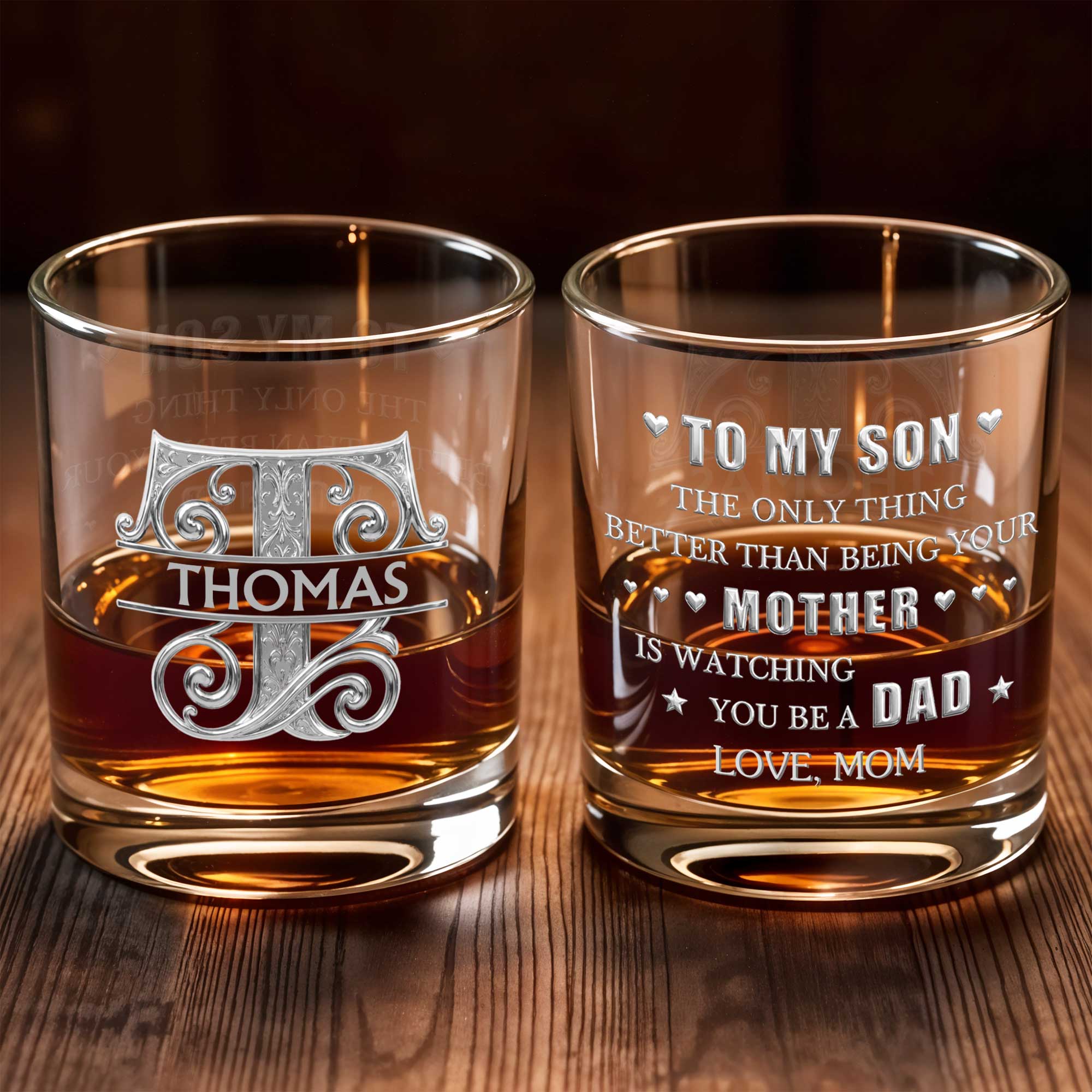 Sophisticated Monogram Spirit Design With Custom Initial And Filigree Details - Personalized Custom Whiskey Glass - SON232_RWG