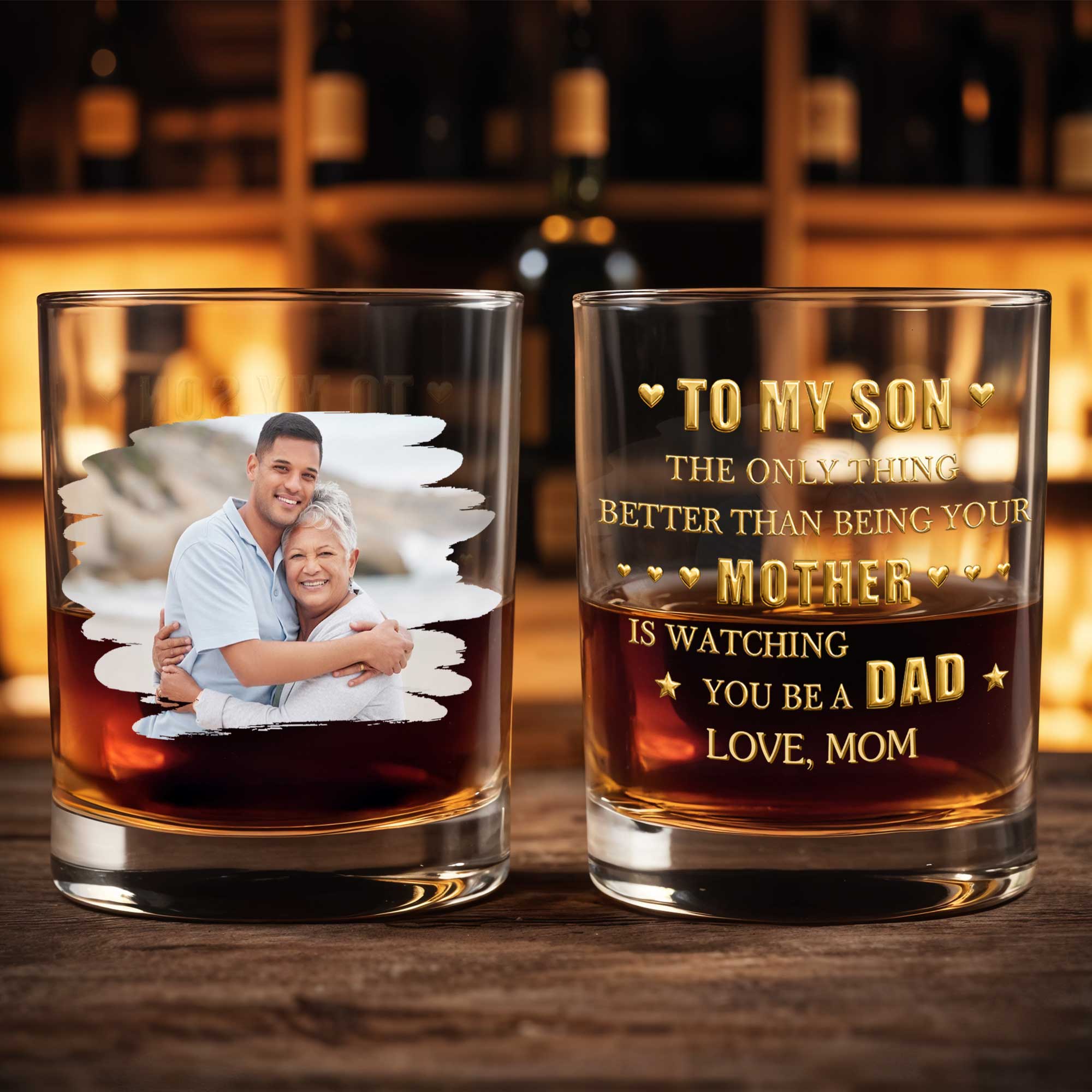 To My Son Custom Photo Glass With Hearts - Personalized Custom Whiskey Glass - SON233_RWG