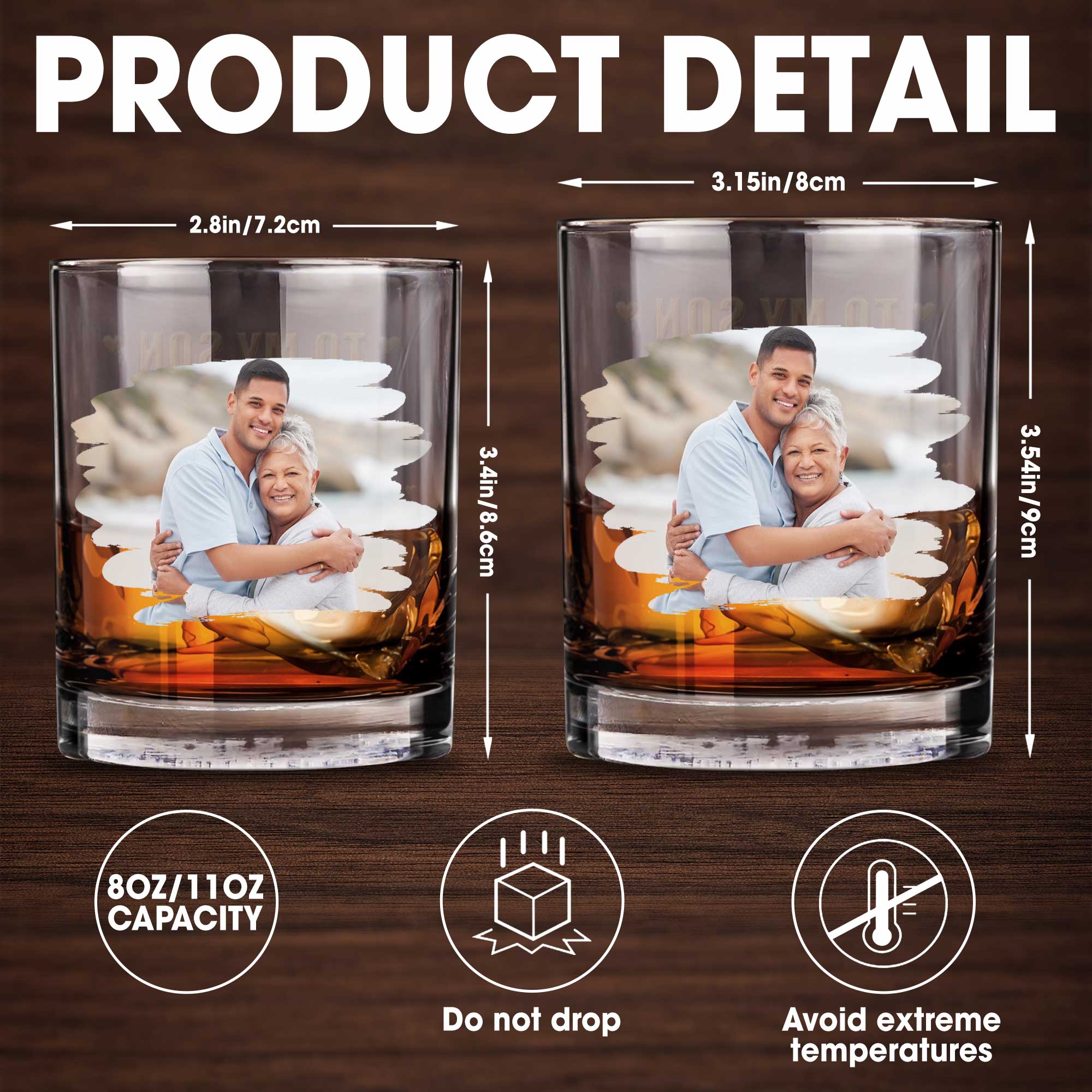 To My Son Custom Photo Glass With Hearts - Personalized Custom Whiskey Glass - SON233_RWG