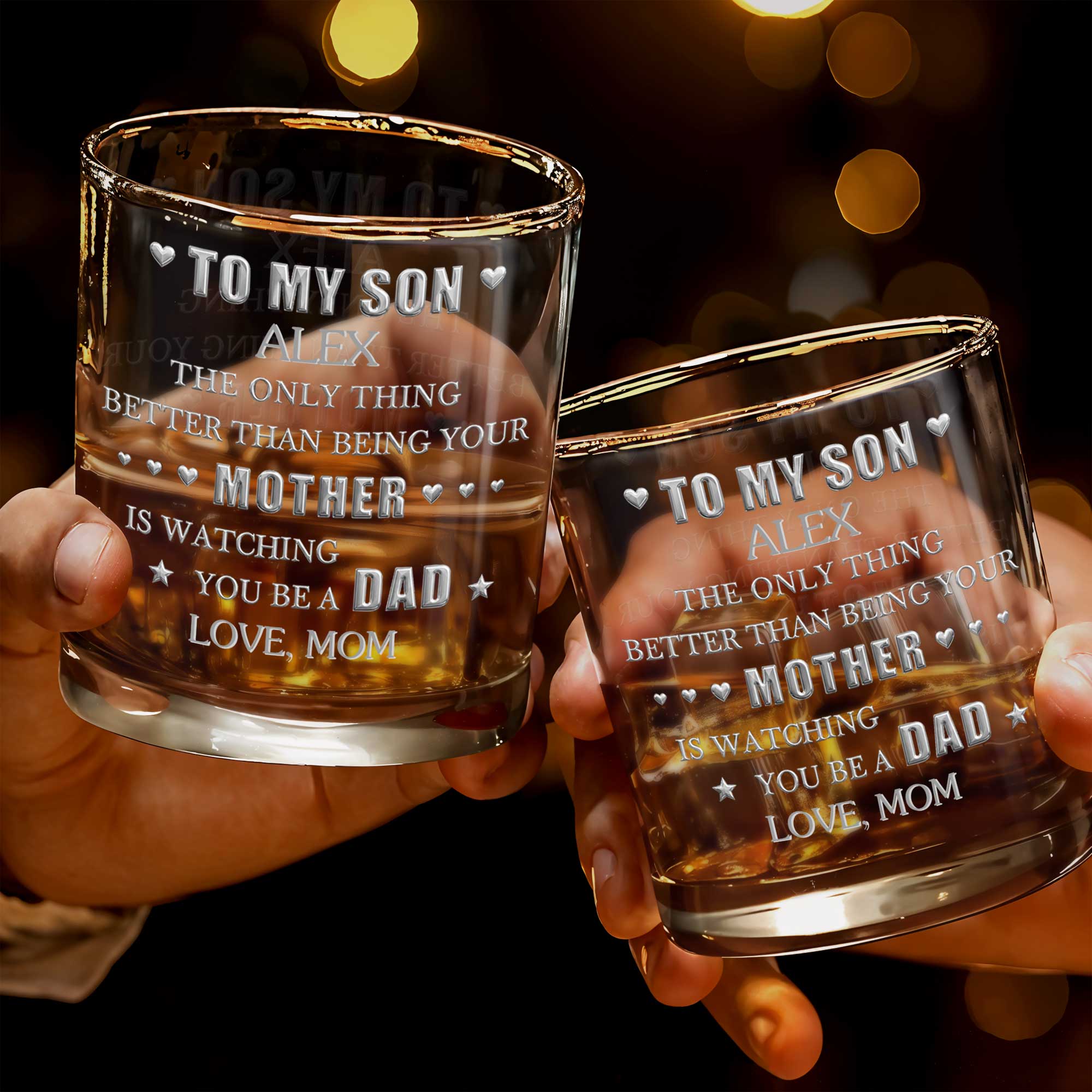 To My Son Better Than Being Mother Watching You Be Dad Hearts - Personalized Custom Whiskey Glass - SON237_RWG