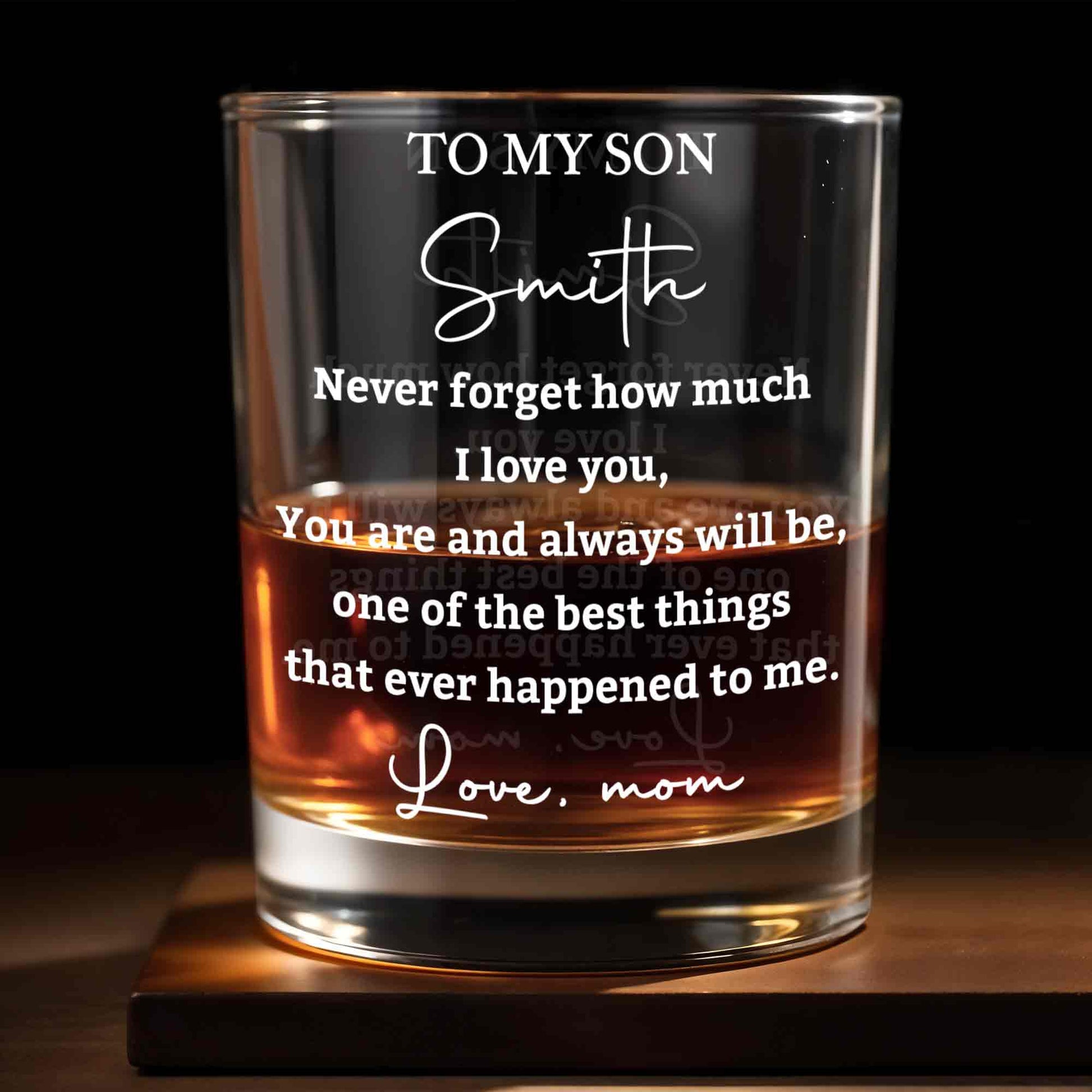 To My Son Never Forget How Much I Love You Heart Custom Name - Personalized Custom Whiskey Glass - SON239_RWG