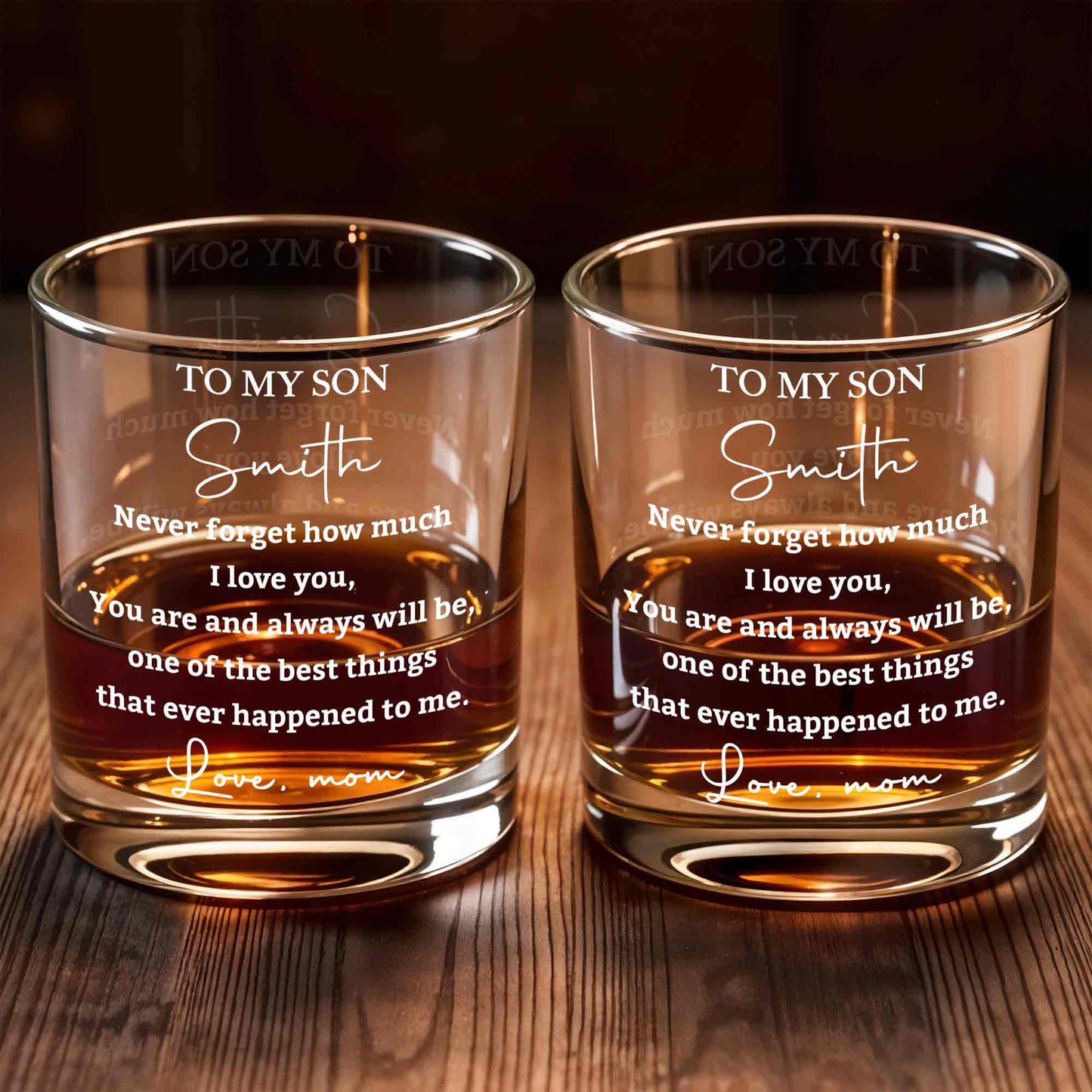To My Son Never Forget How Much I Love You Heart Custom Name - Personalized Custom Whiskey Glass - SON239_RWG