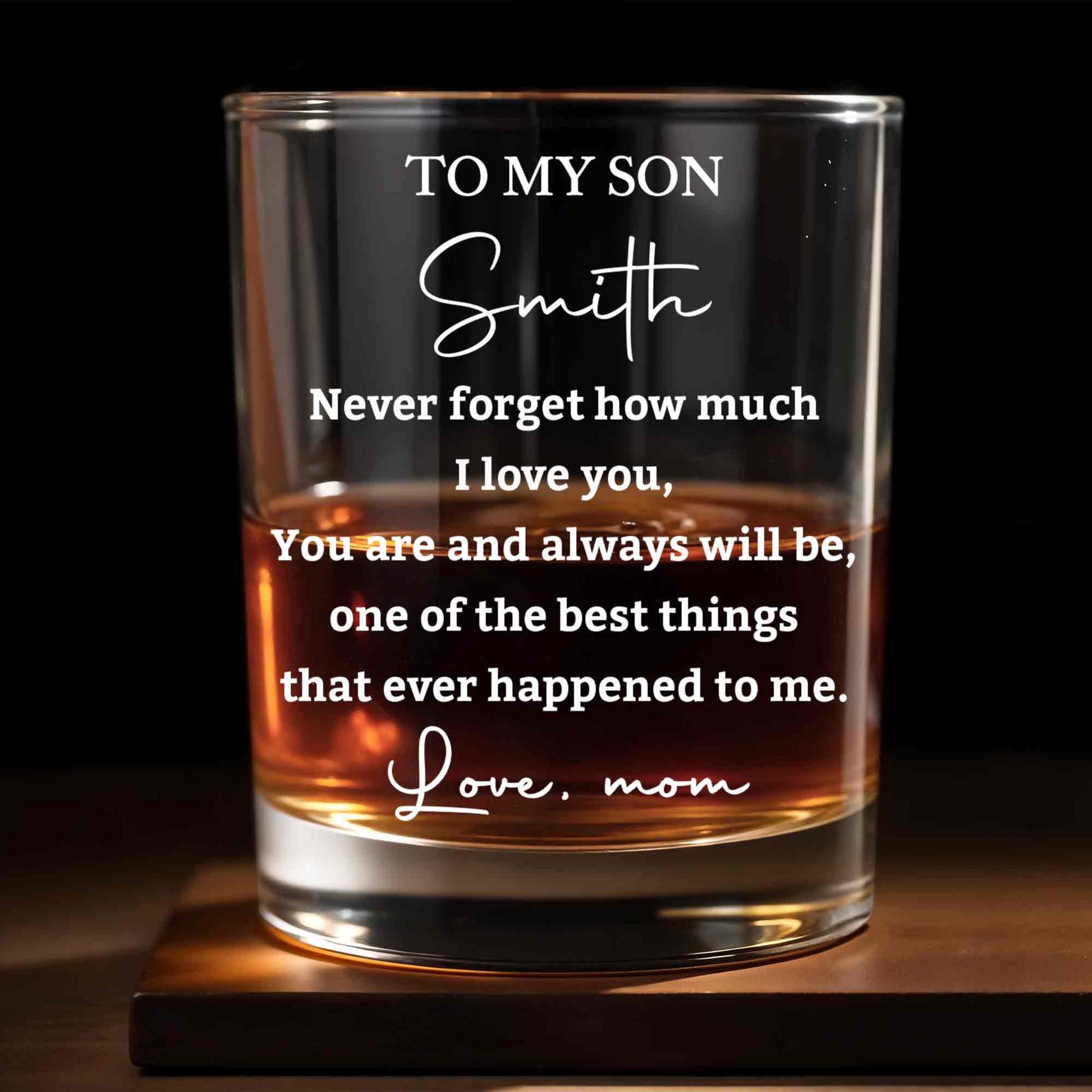 To My Son Never Forget How Much I Love You Heart Custom Name - Personalized Custom Whiskey Glass - SON239_RWG