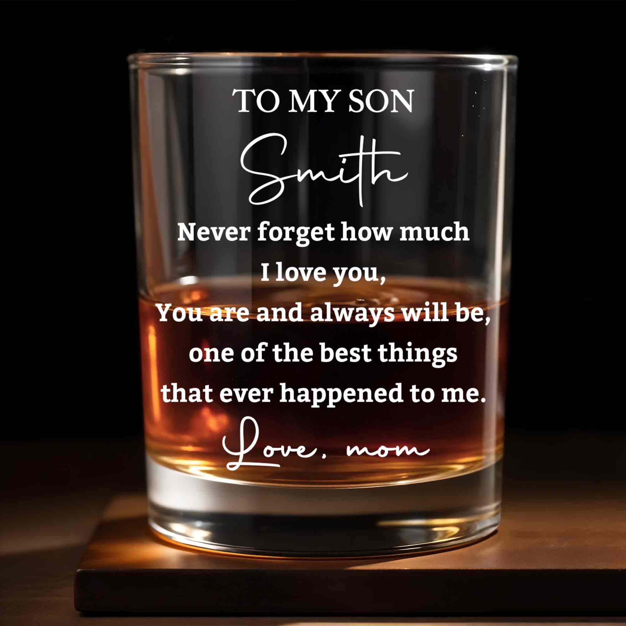 To My Son Never Forget How Much I Love You Heart Custom Name - Personalized Custom Whiskey Glass - SON239_RWG