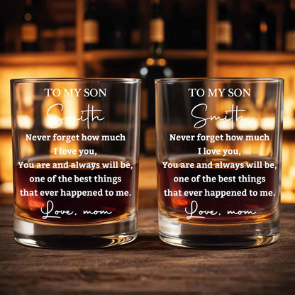 To My Son Never Forget How Much I Love You Heart Custom Name - Personalized Custom Whiskey Glass - SON239_RWG