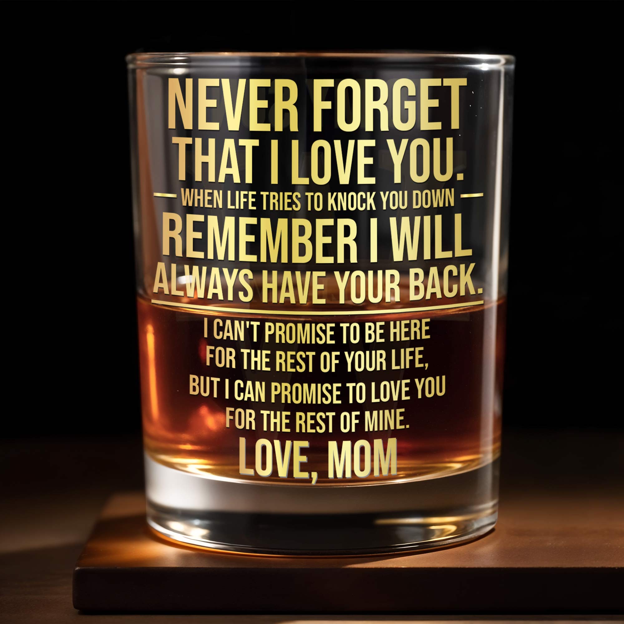 Never Forget That I Love You Custom Golden Alphabet Art Love Mom - Personalized Custom Whiskey Glass - SON246_RWG