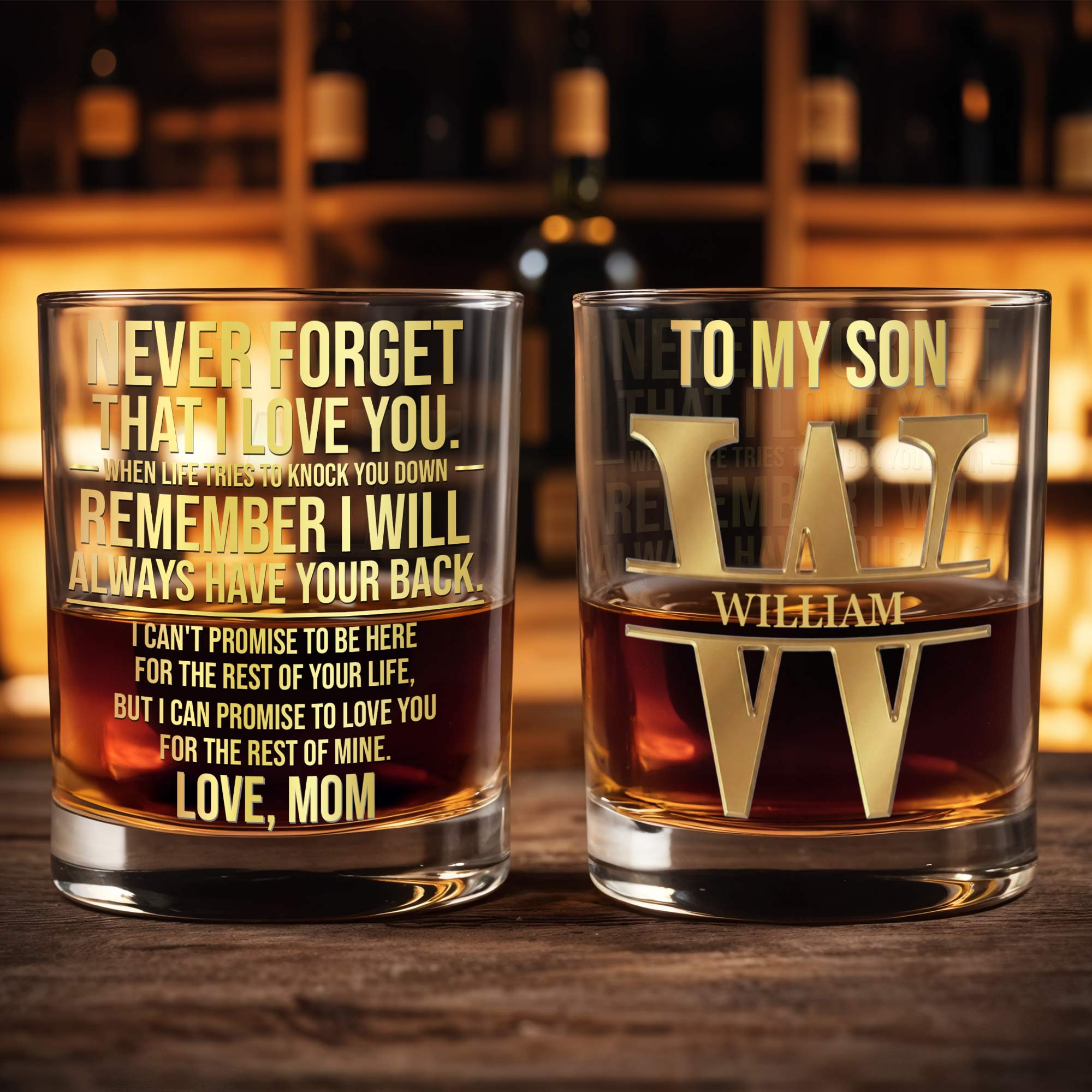 Never Forget That I Love You Custom Golden Alphabet Art Love Mom - Personalized Custom Whiskey Glass - SON246_RWG