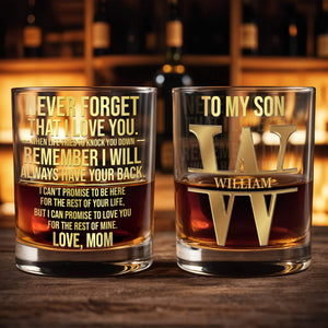 Never Forget That I Love You Custom Golden Alphabet Art Love Mom - Personalized Custom Whiskey Glass - SON246_RWG