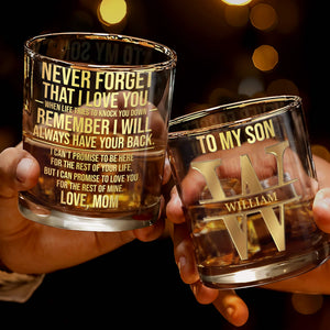 Never Forget That I Love You Custom Golden Alphabet Art Love Mom - Personalized Custom Whiskey Glass - SON246_RWG