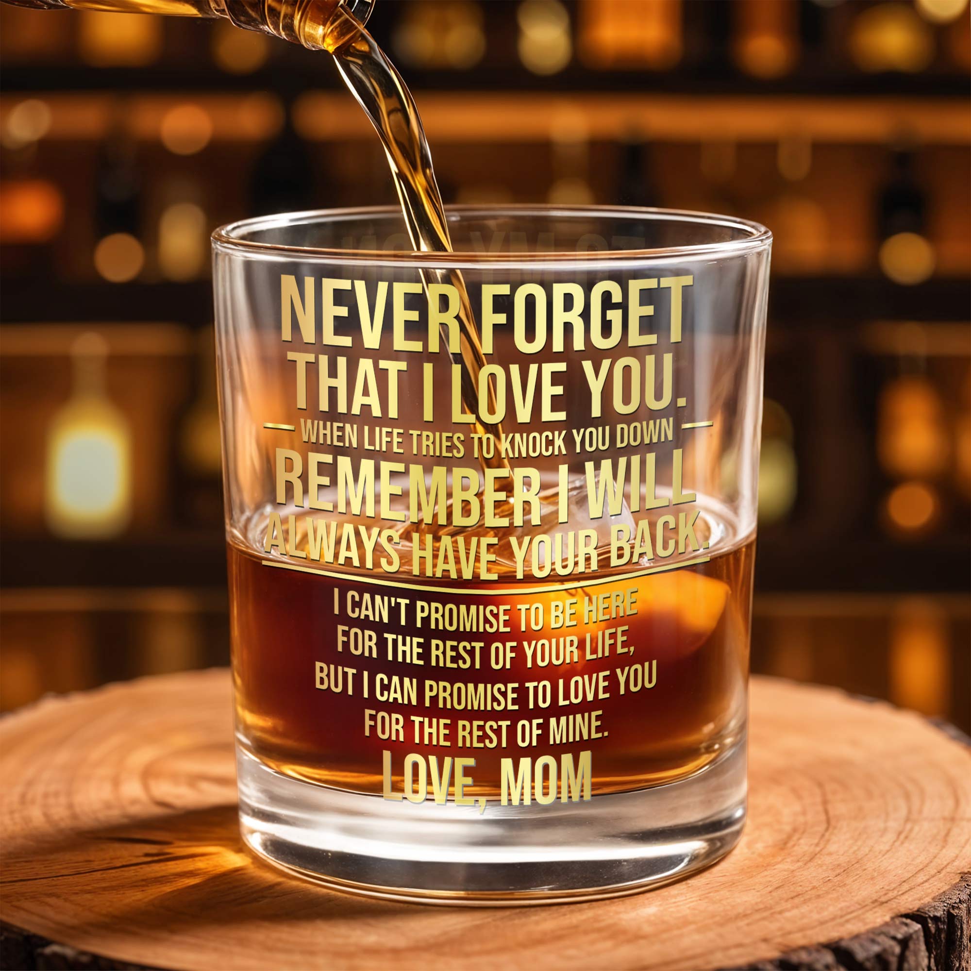 Never Forget That I Love You Custom Golden Alphabet Art Love Mom - Personalized Custom Whiskey Glass - SON246_RWG