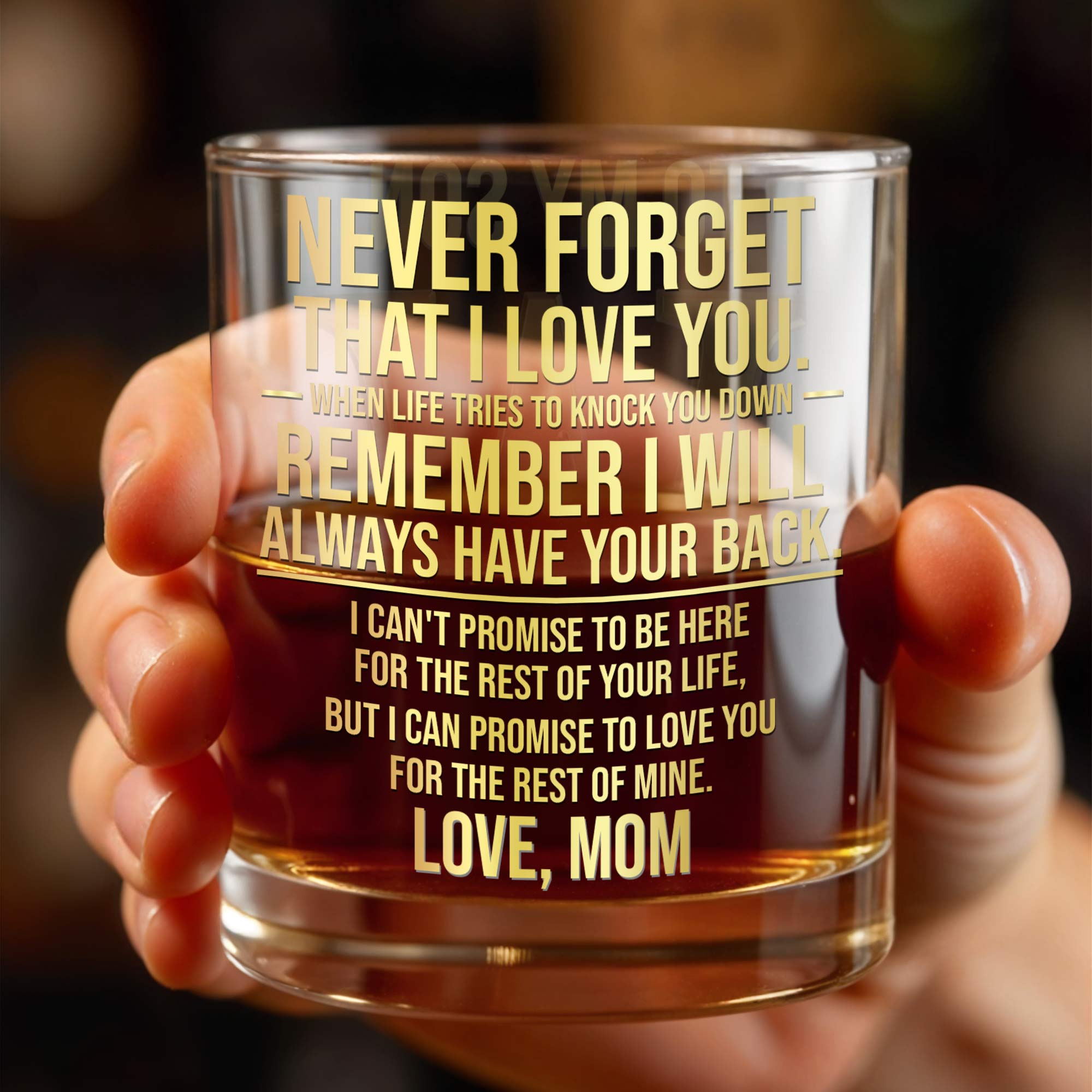 Never Forget That I Love You Custom Golden Alphabet Art Love Mom - Personalized Custom Whiskey Glass - SON246_RWG