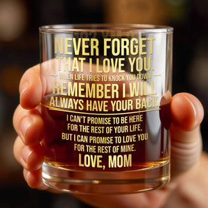 Never Forget That I Love You Custom Golden Alphabet Art Love Mom - Personalized Custom Whiskey Glass - SON246_RWG
