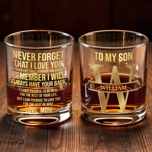Never Forget That I Love You Custom Golden Alphabet Art Love Mom - Personalized Custom Whiskey Glass - SON246_RWG