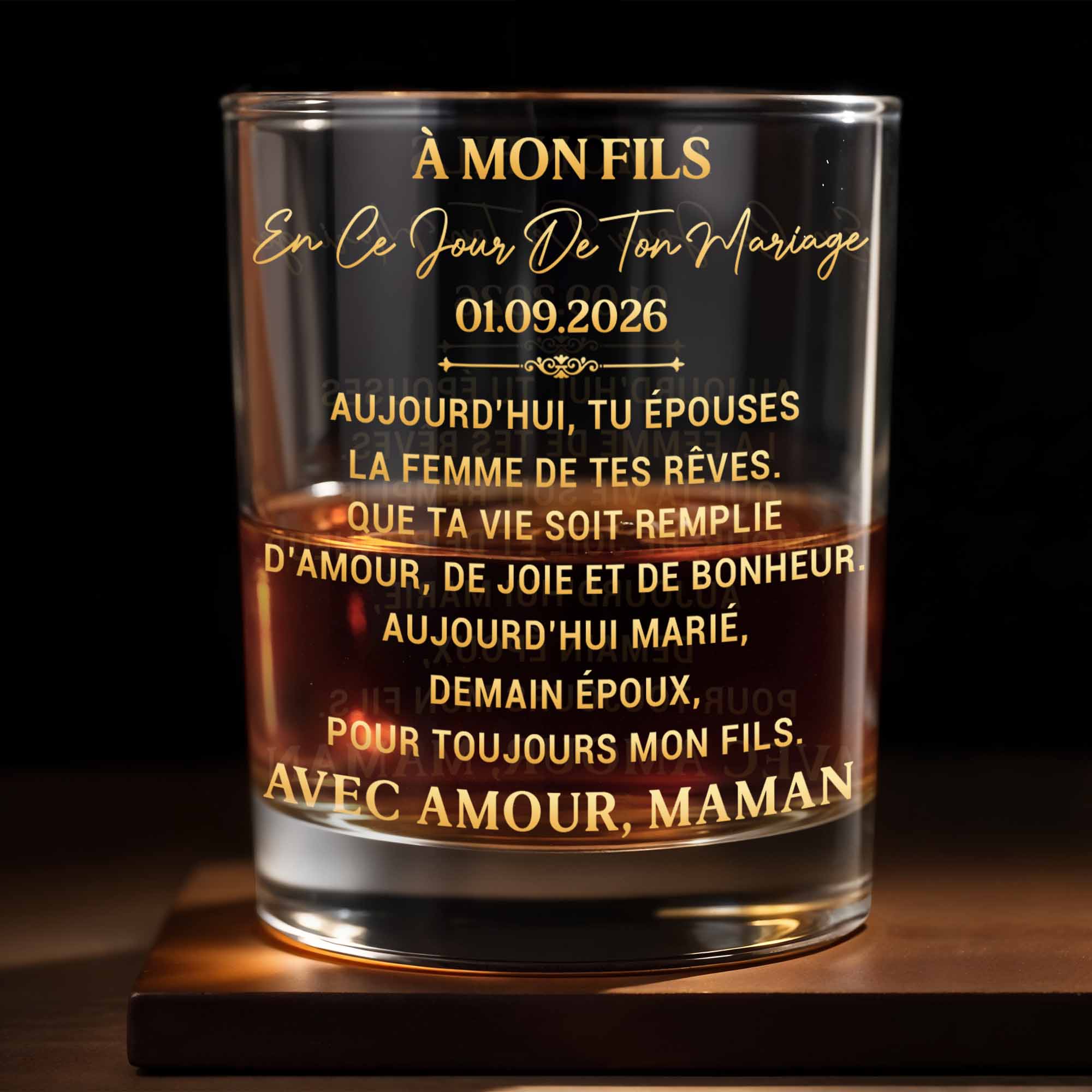 À Mon Fils Wedding Message With Golden Lettering - Personalized Custom Whiskey Glass - SON266_RWG