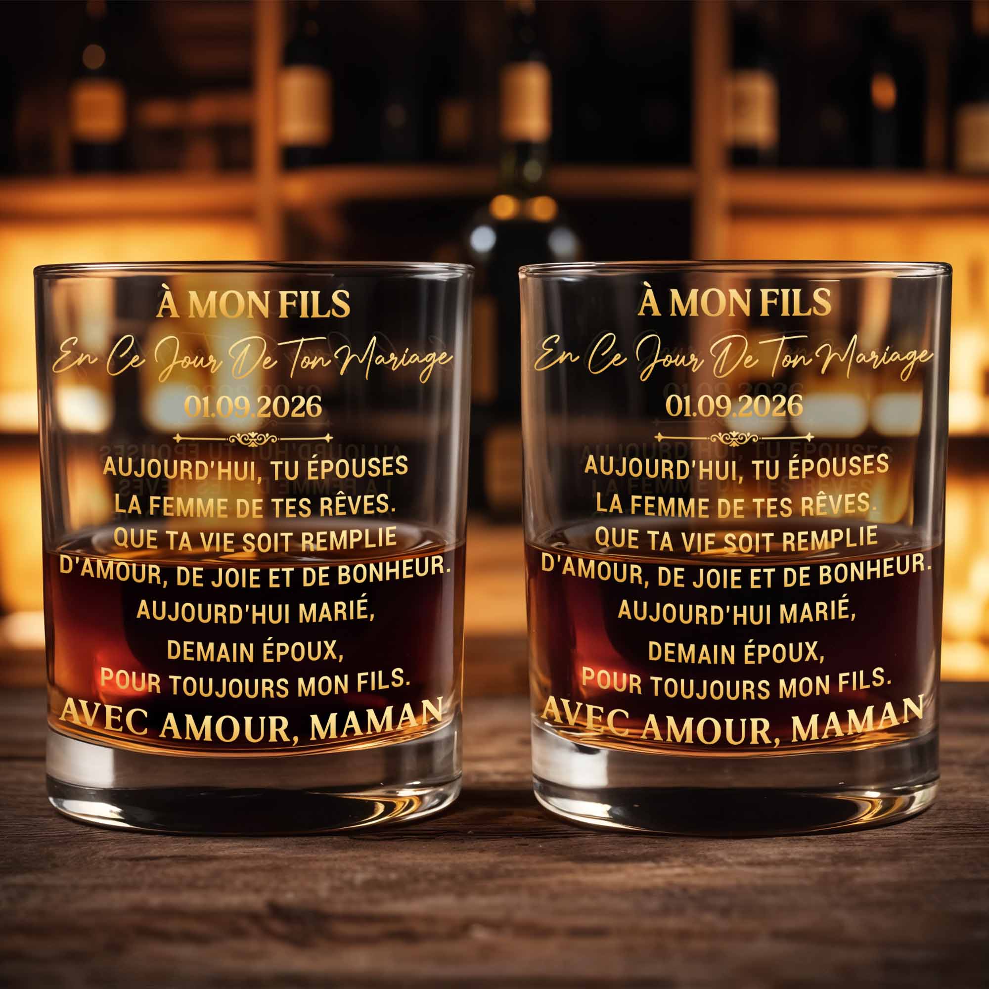 À Mon Fils Wedding Message With Golden Lettering - Personalized Custom Whiskey Glass - SON266_RWG