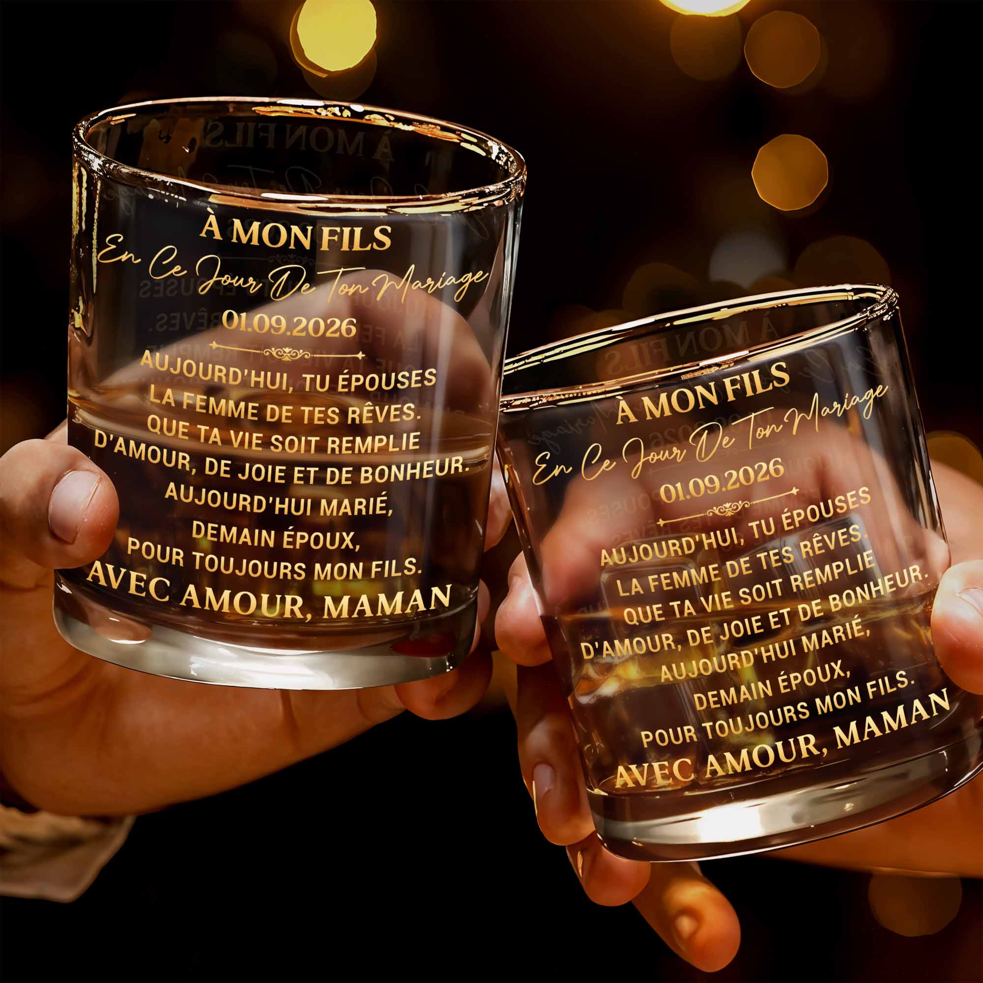 À Mon Fils Wedding Message With Golden Lettering - Personalized Custom Whiskey Glass - SON266_RWG