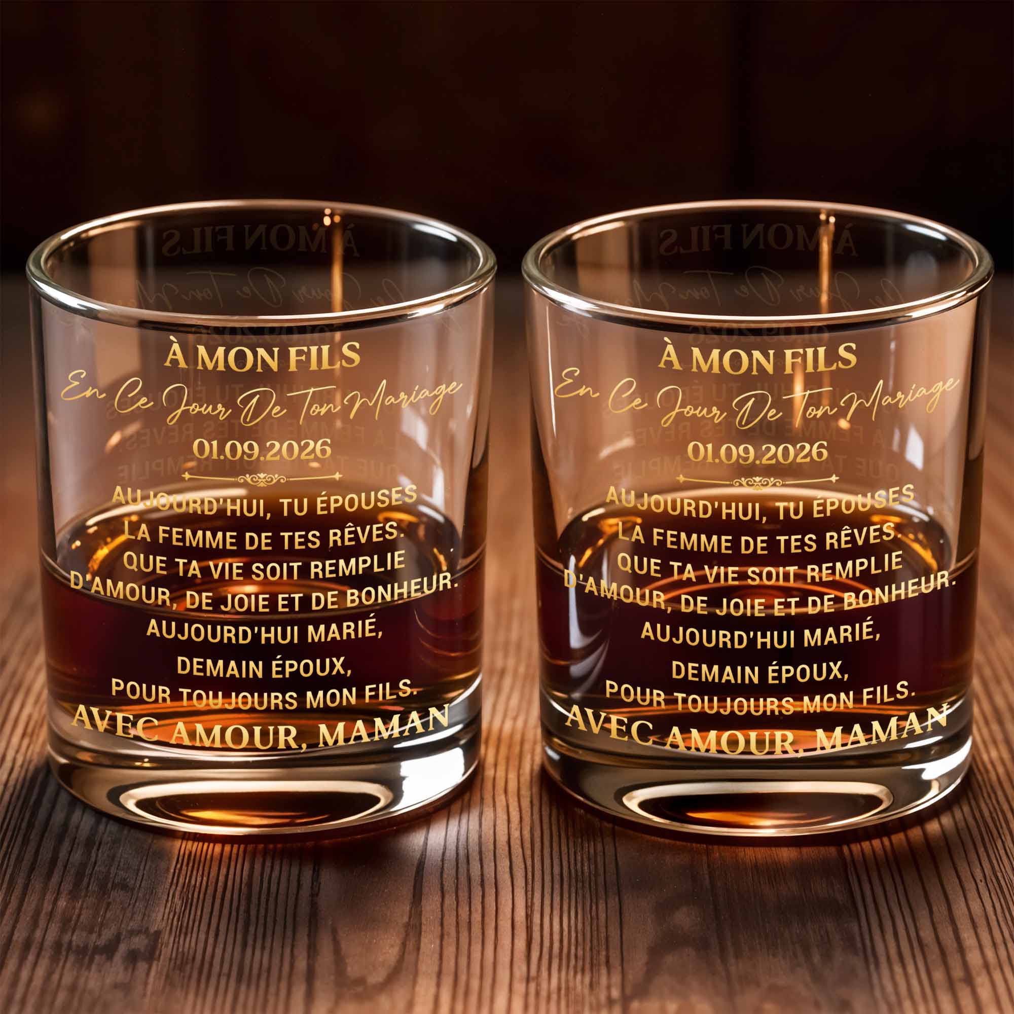 À Mon Fils Wedding Message With Golden Lettering - Personalized Custom Whiskey Glass - SON266_RWG
