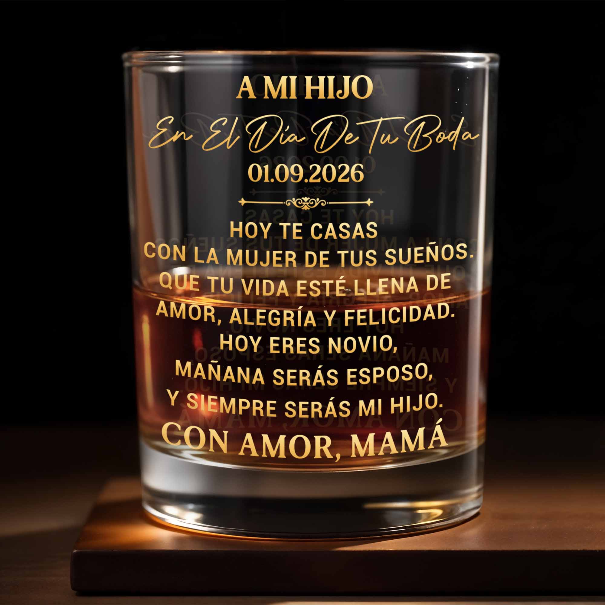 A Mi Hijo En El Día De Tu Boda Golden Lettering Design - Personalized Custom Whiskey Glass - SON267_RWG
