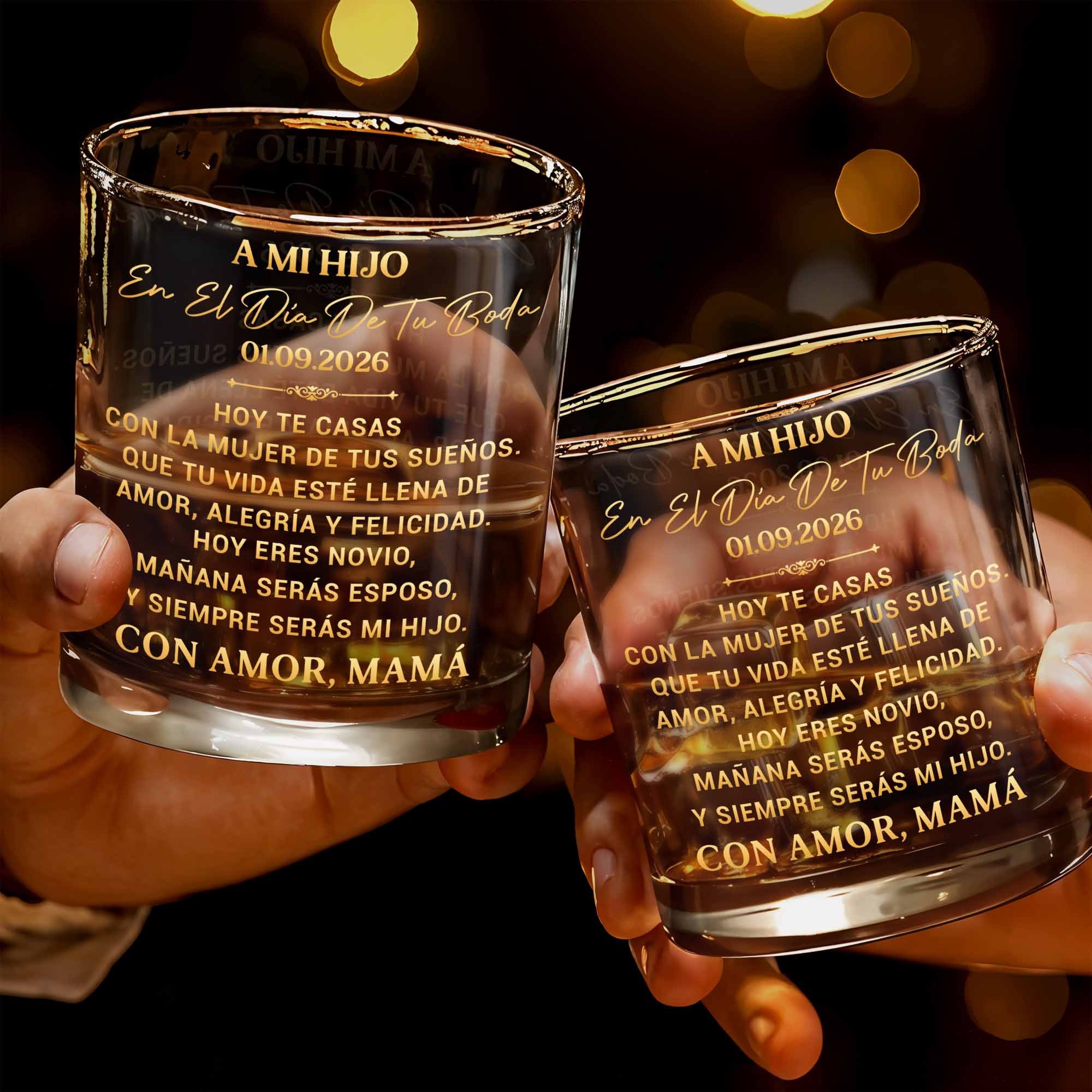 A Mi Hijo En El Día De Tu Boda Golden Lettering Design - Personalized Custom Whiskey Glass - SON267_RWG