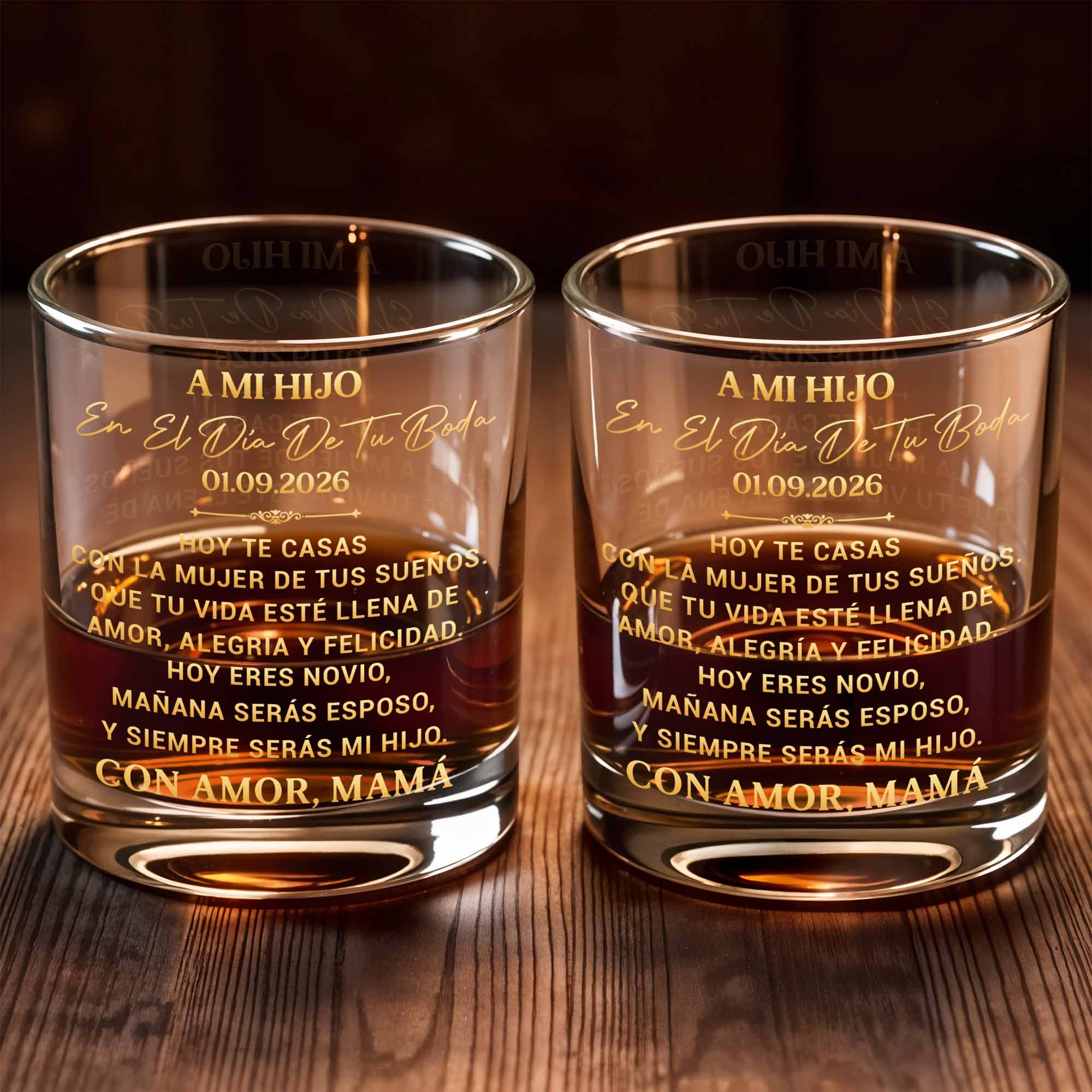 A Mi Hijo En El Día De Tu Boda Golden Lettering Design - Personalized Custom Whiskey Glass - SON267_RWG