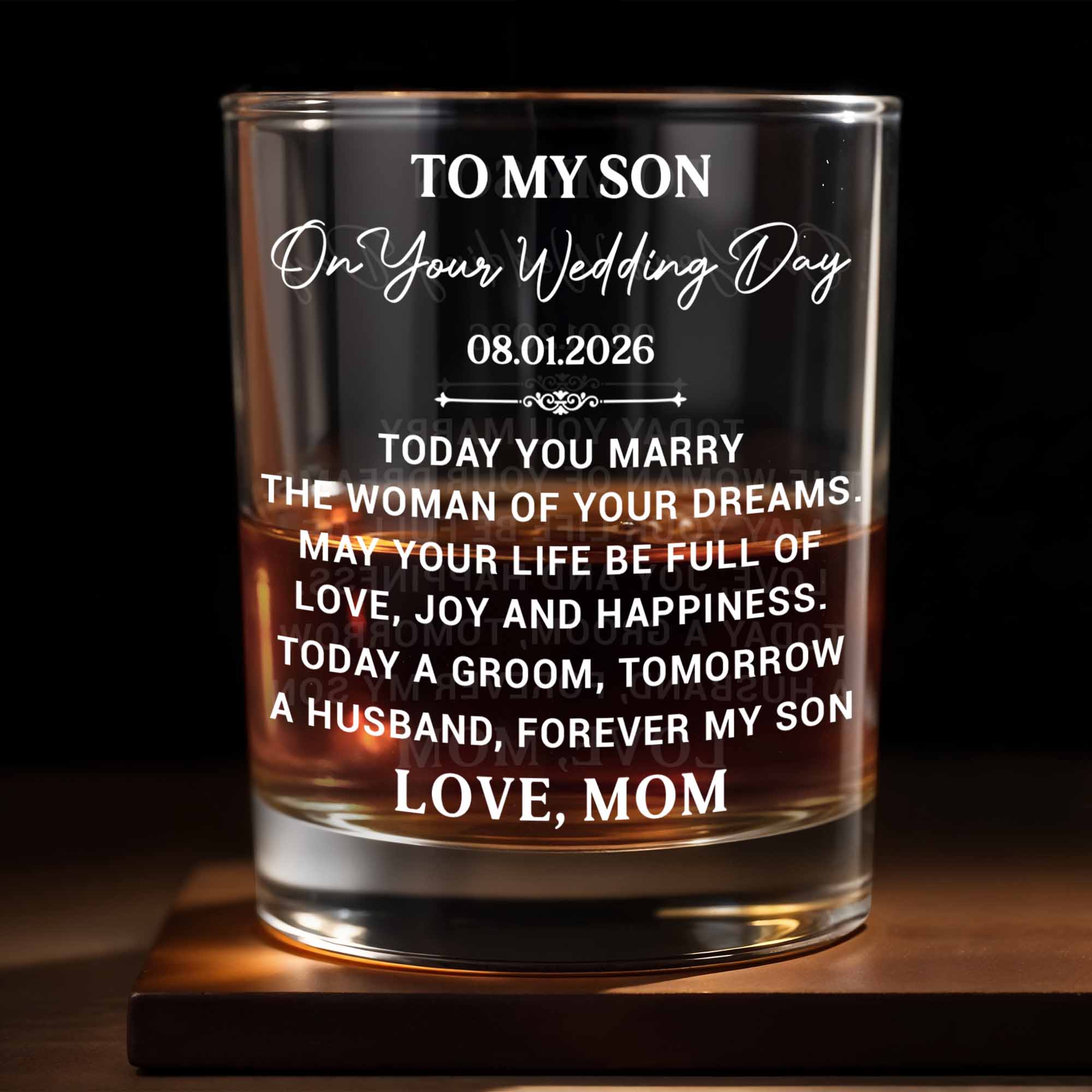 To My Son On Our Wedding Day Groom To Husband Forever My Son - Personalized Custom Whiskey Glass - SON268_RWG