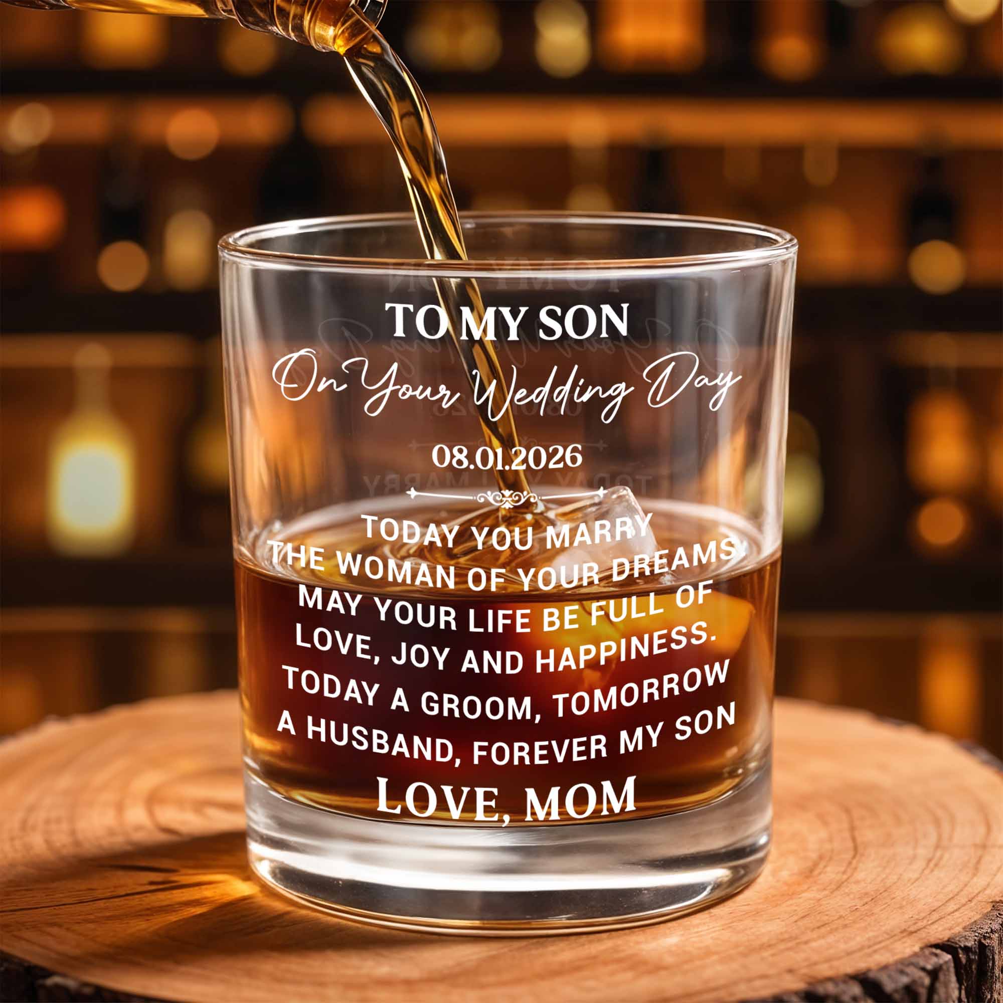 To My Son On Our Wedding Day Groom To Husband Forever My Son - Personalized Custom Whiskey Glass - SON268_RWG