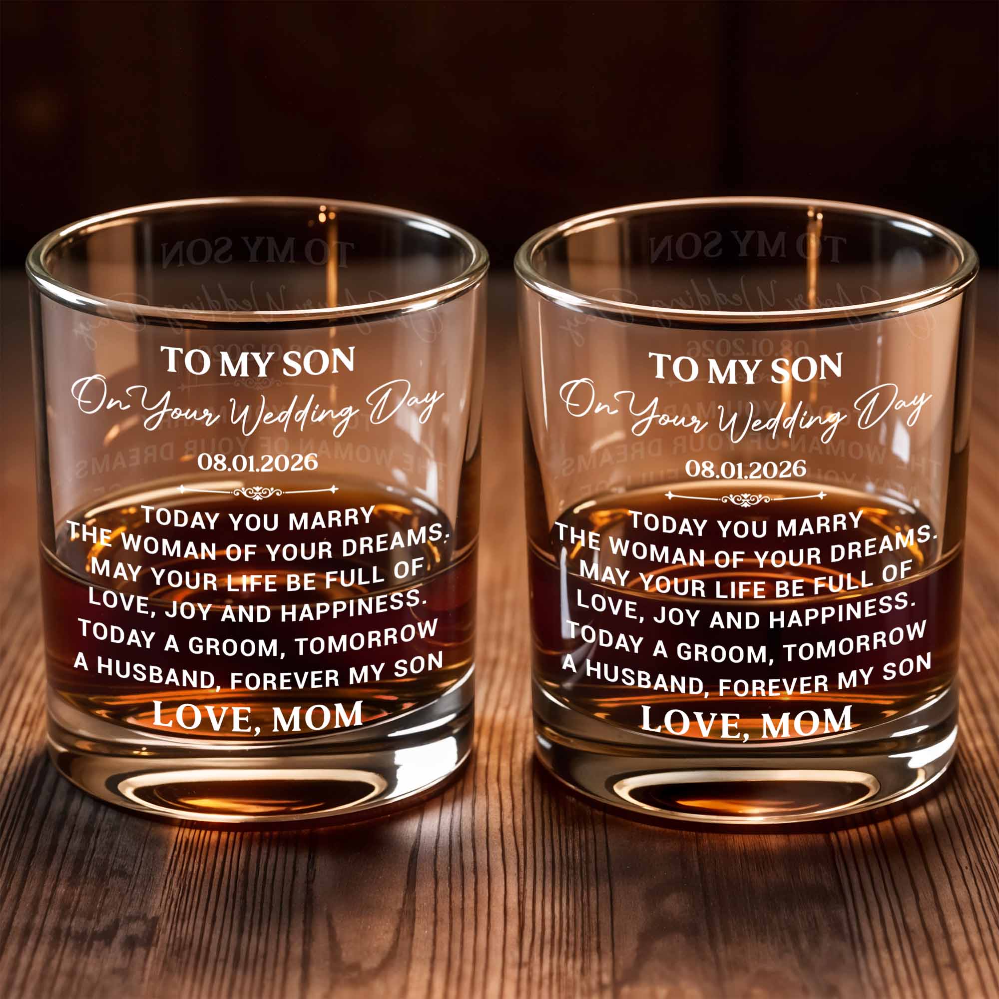 To My Son On Our Wedding Day Groom To Husband Forever My Son - Personalized Custom Whiskey Glass - SON268_RWG