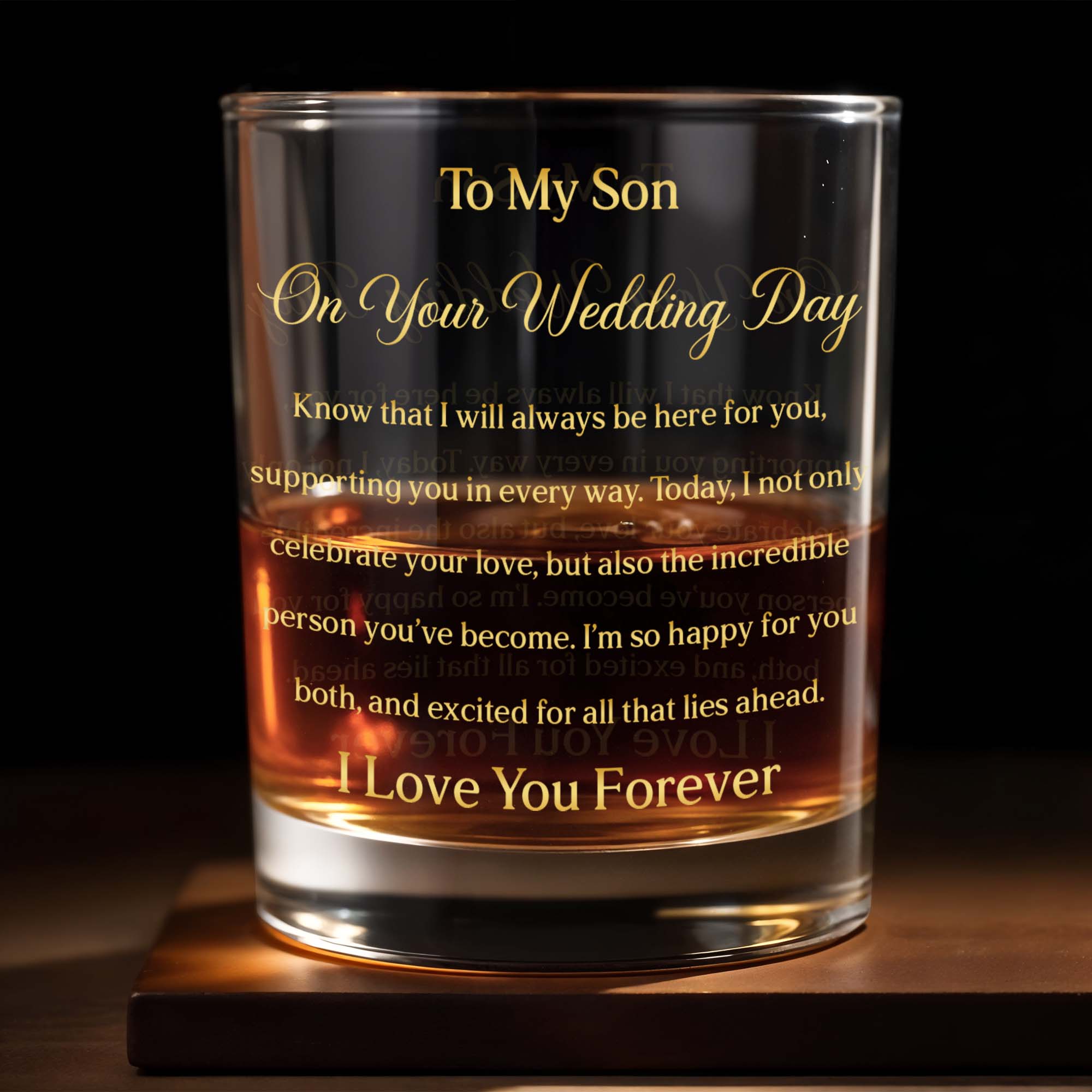 To My Son On Your Wedding Day With Gold Elegant Text - Personalized Custom Whiskey Glass - SON269_RWG