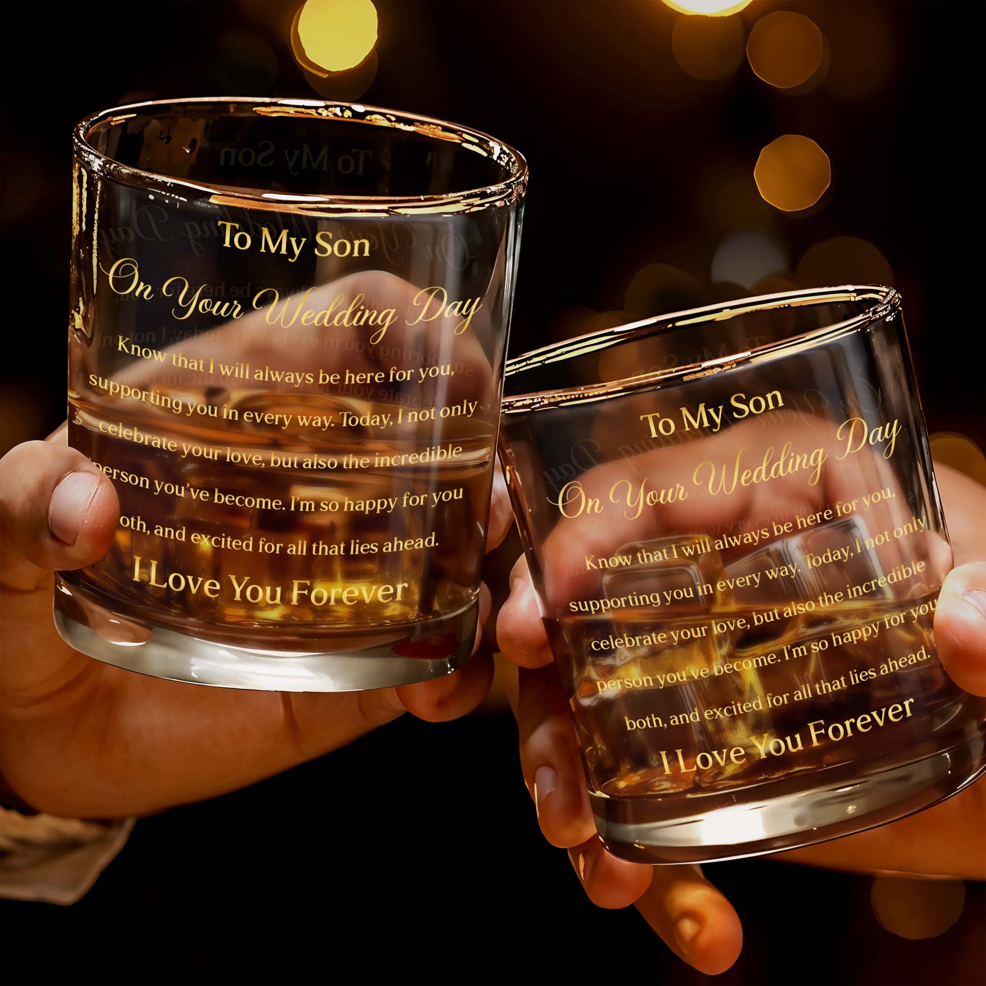 To My Son On Your Wedding Day With Gold Elegant Text - Personalized Custom Whiskey Glass - SON269_RWG