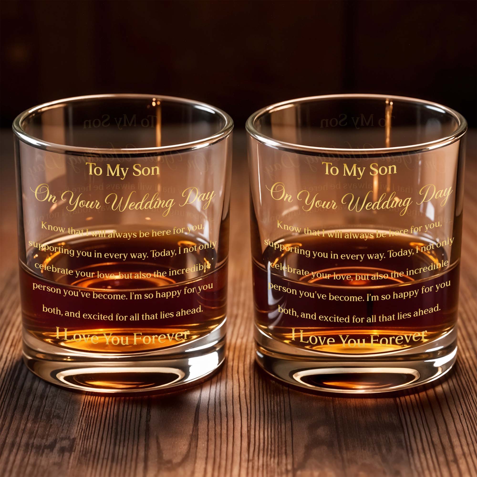 To My Son On Your Wedding Day With Gold Elegant Text - Personalized Custom Whiskey Glass - SON269_RWG