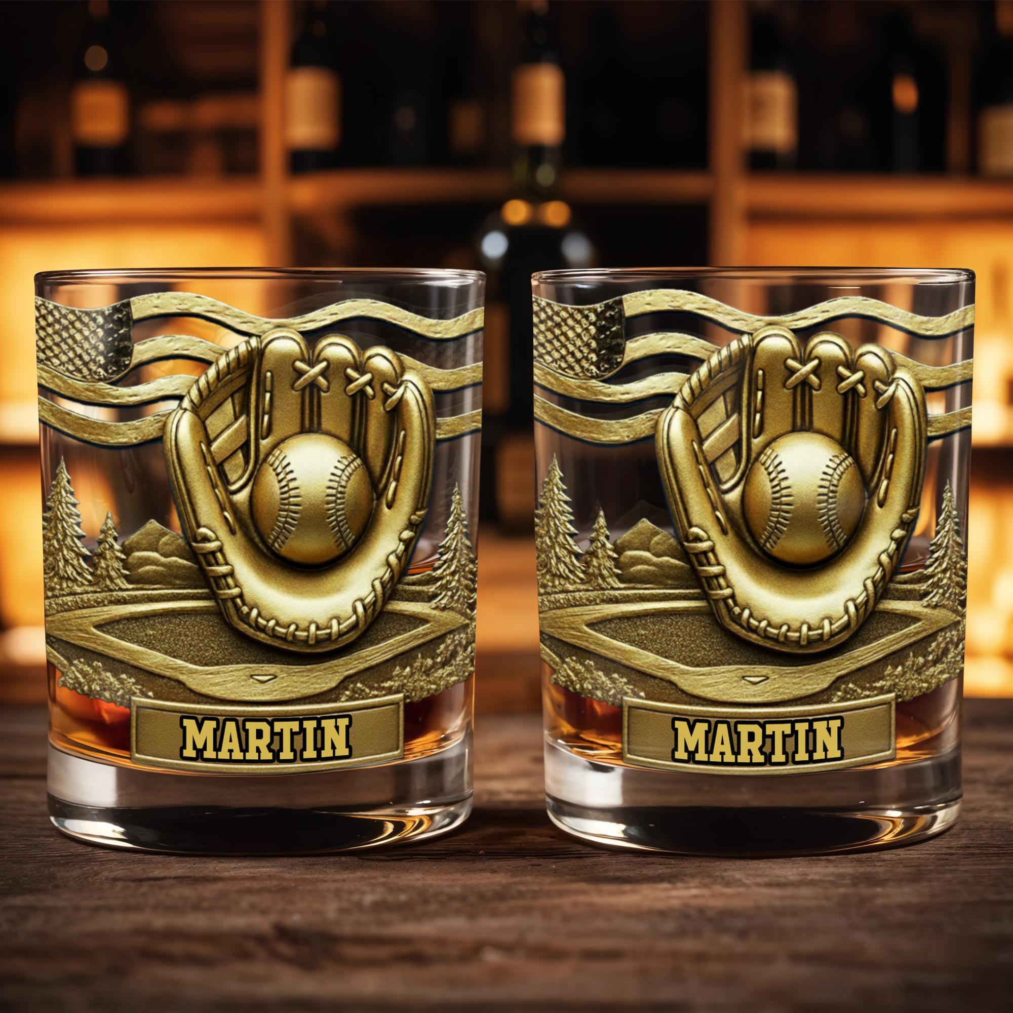 Baseball Glove And Scenic Mountains Whiskey Glass - Personalized Custom Whiskey Glass - SPORT068_RWG