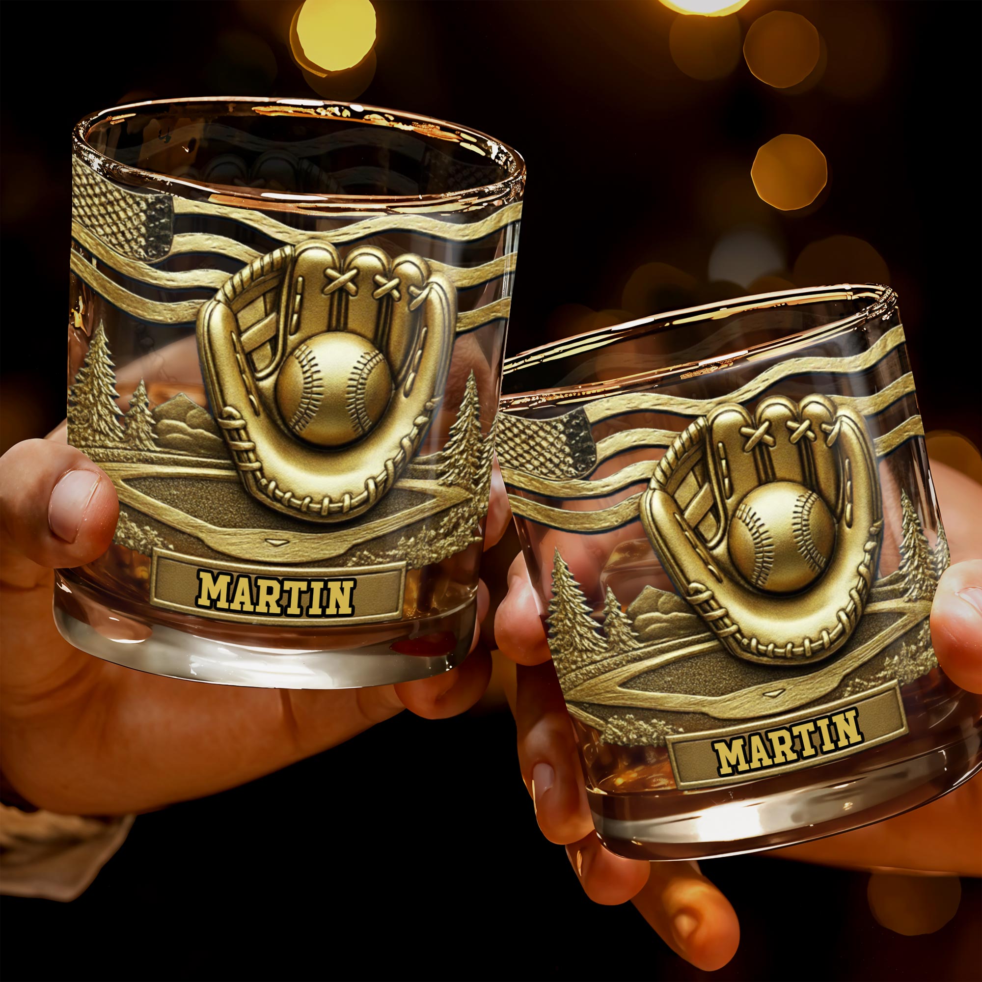 Baseball Glove And Scenic Mountains Whiskey Glass - Personalized Custom Whiskey Glass - SPORT068_RWG