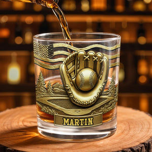 Baseball Glove And Scenic Mountains Whiskey Glass - Personalized Custom Whiskey Glass - SPORT068_RWG