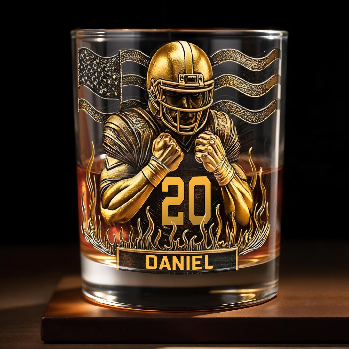 Celebrate Favorite Moments With Football Player And American Flag Design - Personalized Custom Whiskey Glass - SPORT072_RWG